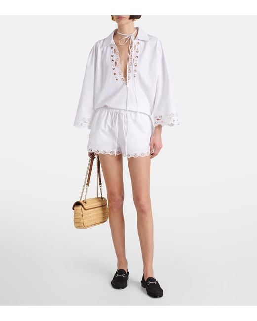 Gucci White Broderie Anglaise And Tulle-Trimmed Cotton-Poplin Shirt