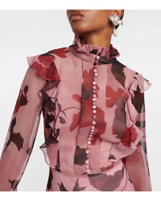 Erdem Pink Ruffle-detail Floral Gown
