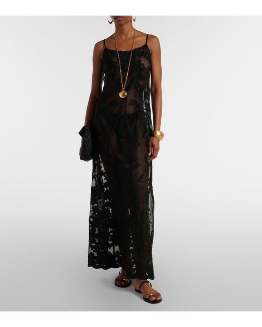 Juliet Dunn Black Embroidered Sheer Cotton Maxi Dress