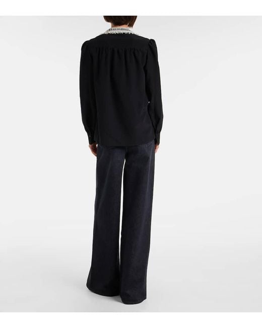 Chloé Black Lace-Trimmed Silk Crepe De Chine Blouse