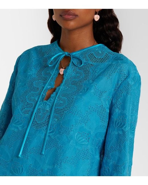 Valentino Blue Broderie Anglaise Silk-Trimmed Cotton Kaftan