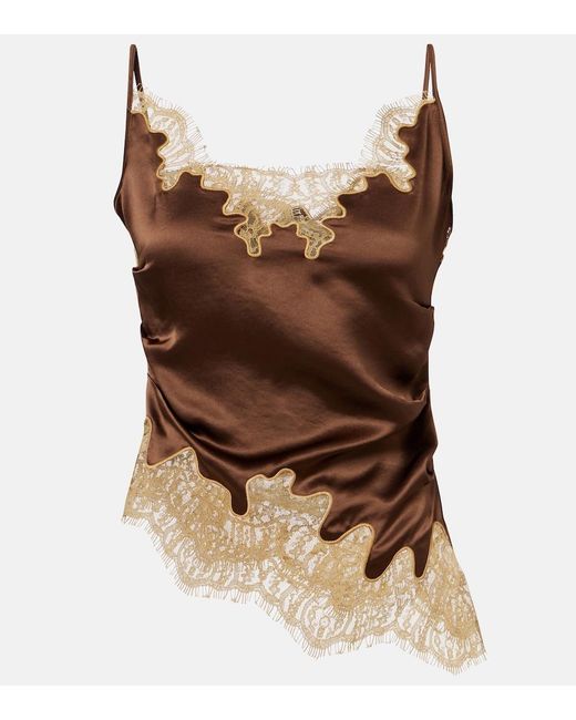 JACQUES WEI Brown Lace-Trimmed Draped Satin Camisole