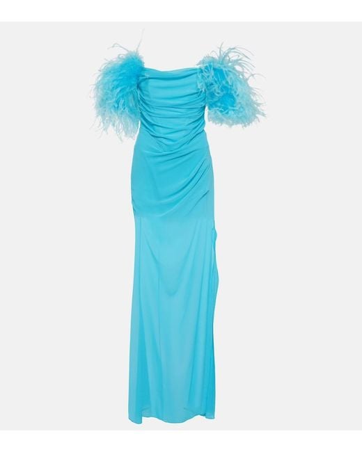 GIUSEPPE DI MORABITO Blue Feather-Trimmed Georgette Maxi Dress
