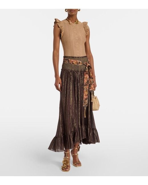 Zimmermann Brown Aster Shirred Cotton And Silk Lame Midi Skirt