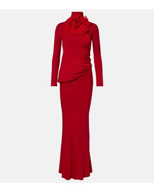 Magda Butrym Red Floral-Applique Draped Jersey Gown
