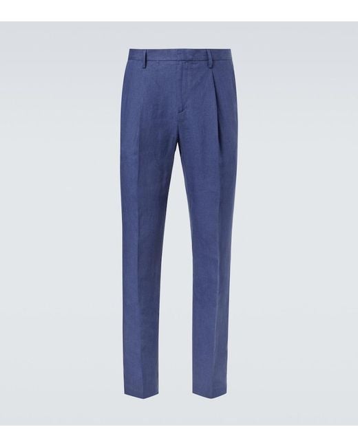 Sunspel Blue Pleated Linen Straight Pants for men