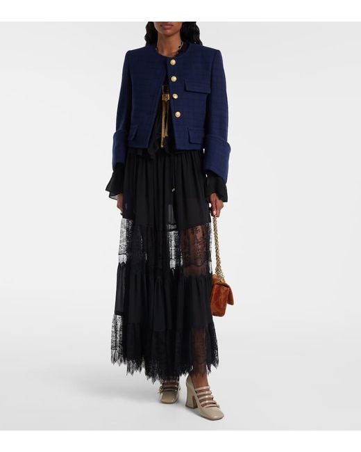Chloé Black Lace-Trimmed Tiered Silk Maxi Skirt