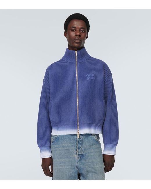 Cardigan in lana vergine con logo di Miu Miu in Blue da Uomo