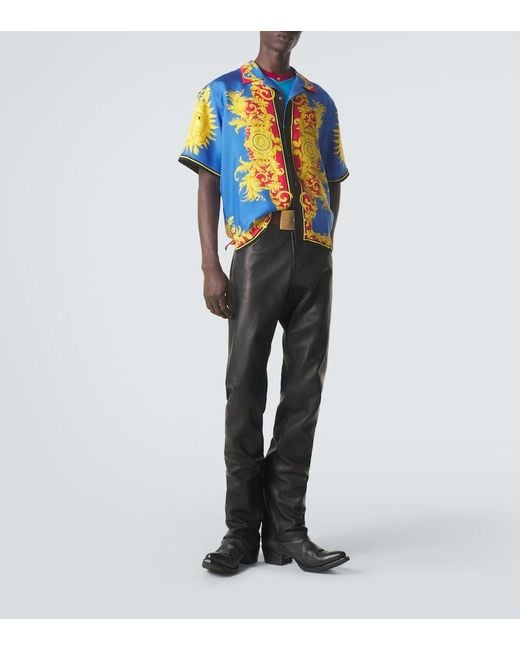 Versace Blue Printed Silk Bowling Shirt for men