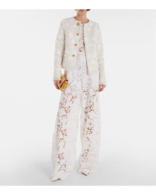 Oscar de la Renta White Gardenia Embroidered Tweed Jacket