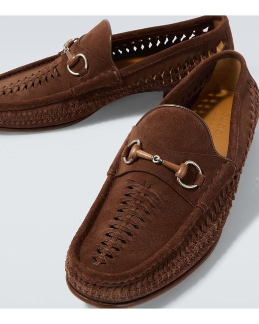 Gucci Brown Bamboo Horsebit Woven Suede Loafers for men