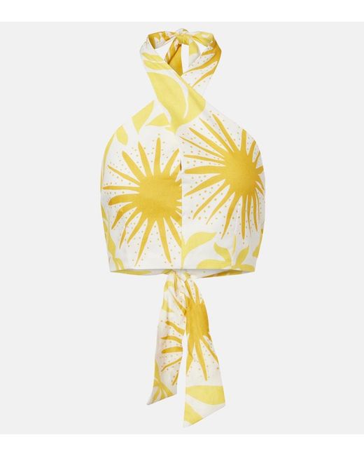 Cala De La Cruz Metallic Ivy Printed Halterneck Linen Crop Top
