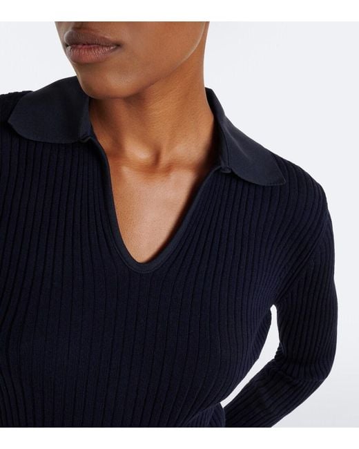 Jil Sander Blue Cutout Ribbed-Knit Wool Polo Sweater