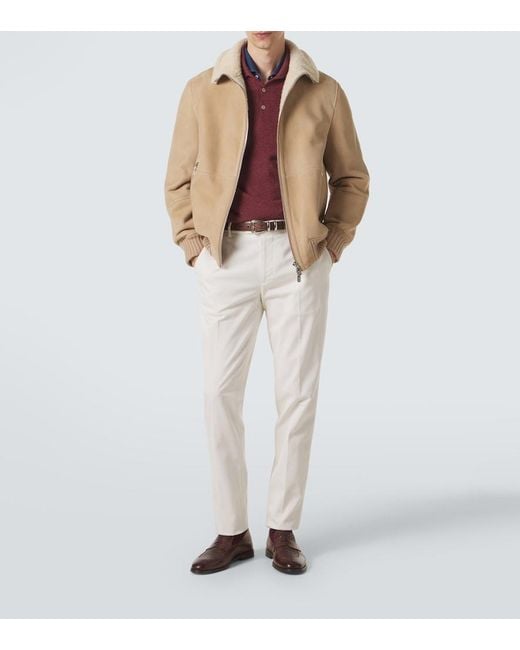 Brunello Cucinelli Natural Shearling-Lined Suede Bomber Jacket for men