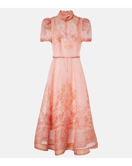 Zimmermann Pink Belted Paisley Linen And Silk Midi Dress