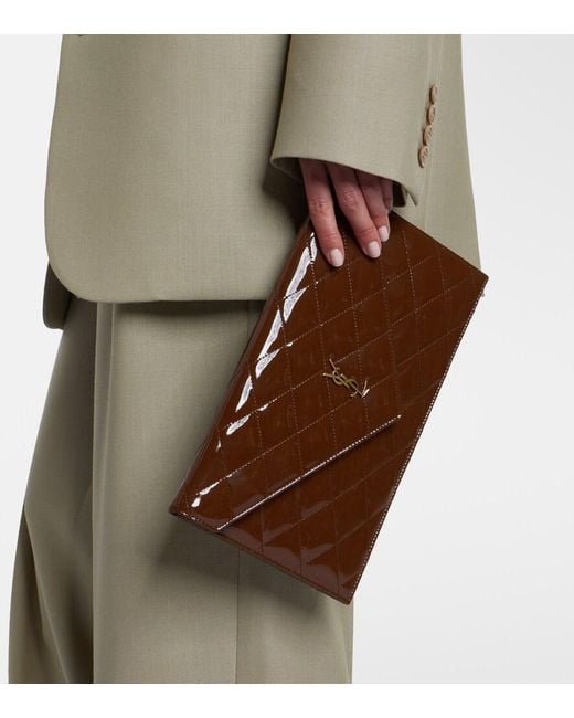 Saint Laurent Brown Paris Quilted Patent Leather Pouch