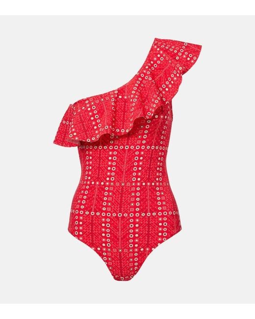Isabel Marant Red Sicilya Ruffled Printed Swimsuit