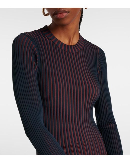 Tod's Blue Striped Pleated Ribbed-Knit Midi Dress