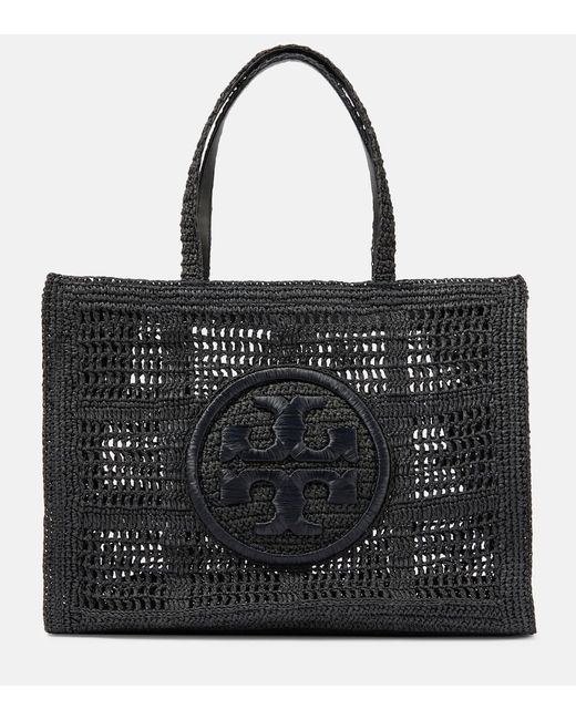 Tory Burch Black Ella Large Crochet Raffia Tote Bag