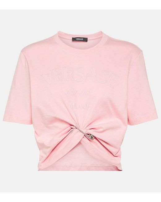 T-shirt cropped in jersey di cotone di Versace in Pink