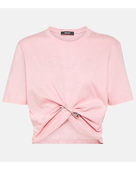 【VERSACE】Medusa Crystal Cotton T-shirt Pink Medusa embellished cotton-blend T-shirt in pink - Versace