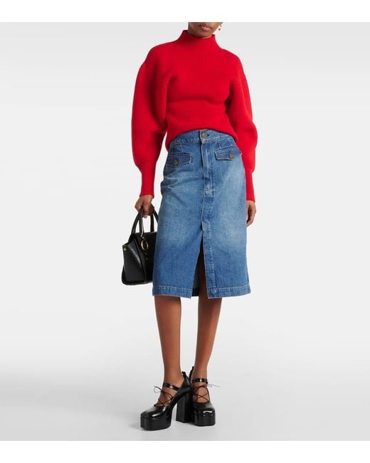 Jupe Midi The Vent Front A Taille Haute En Jean FRAME en coloris Blue