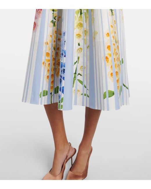 Oscar de la Renta Blue Floral Trompe L'Oil Cotton-Blend Midi Dress