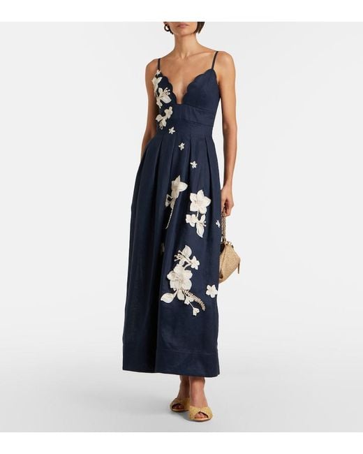 Agua Bendita Blue Sula Floral-Applique Linen Maxi Dress