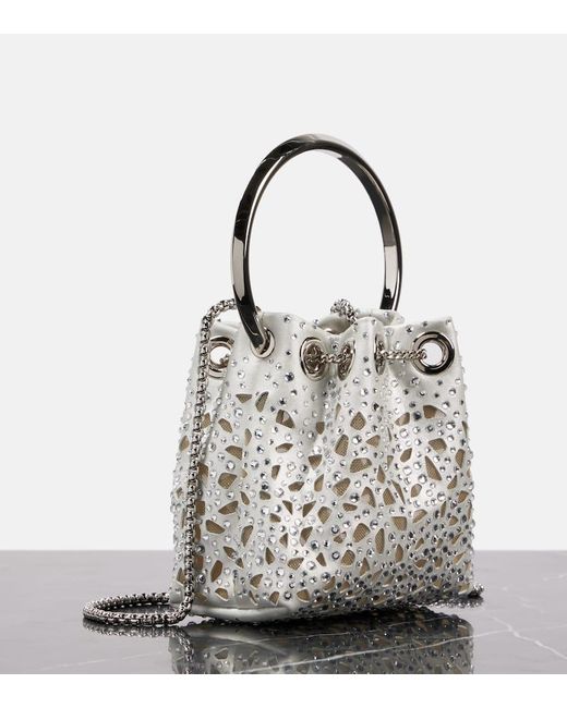Jimmy Choo White Bon Bon Micro Laser-Cut Satin Bucket Bag