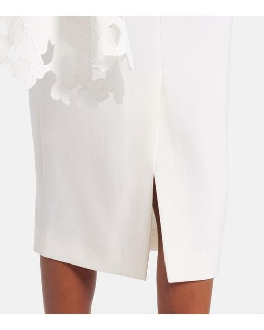 Oscar de la Renta White Cape-Detail Wool-Blend Midi Dress