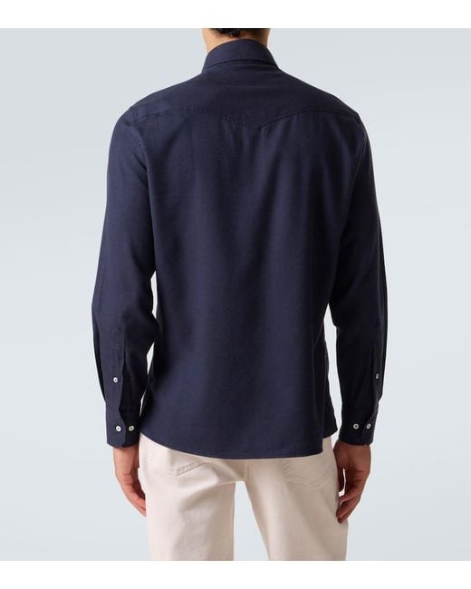 Brunello Cucinelli Blue Chevron Cotton-Blend Flannel Shirt for men