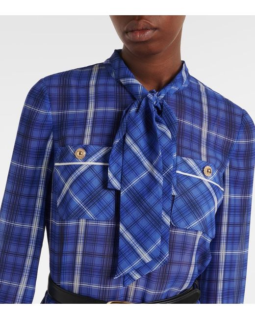 Self-Portrait Blue Belted Checked Chiffon Midi Dress