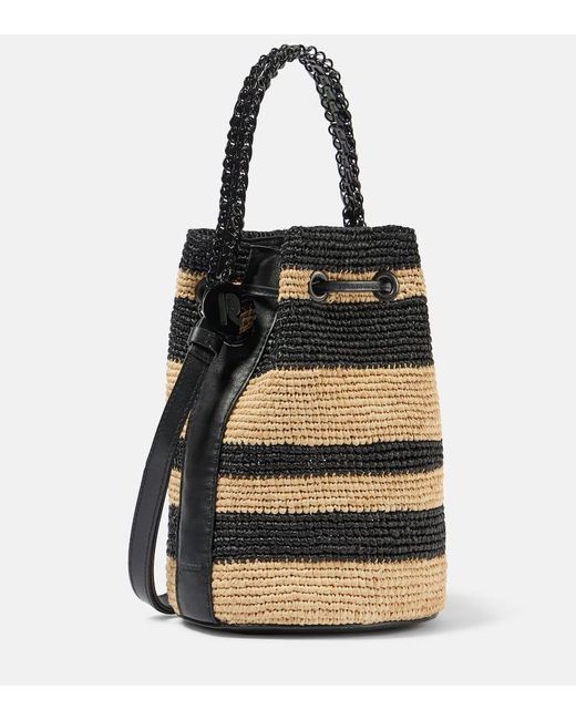Rabanne Black Mini Striped Raffia Bucket Bag