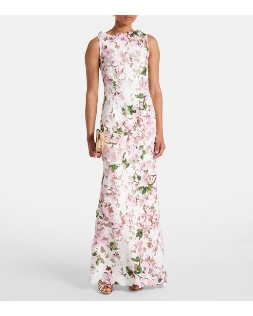 Oscar de la Renta White Floral Guipure Lace Gown