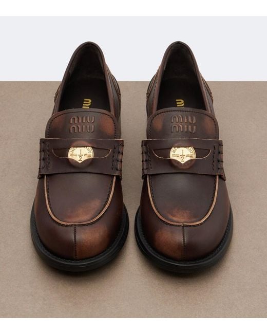Miu Miu Brown Deco Leather Loafer Pumps