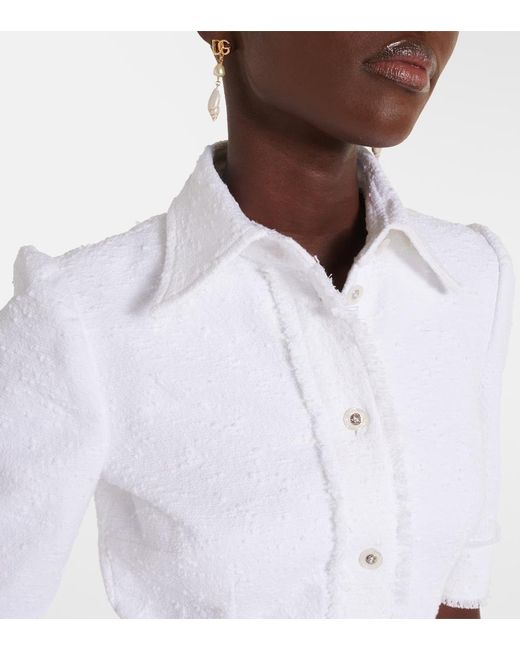 Dolce & Gabbana White Cotton-Blend Tweed Shirt Midi Dress