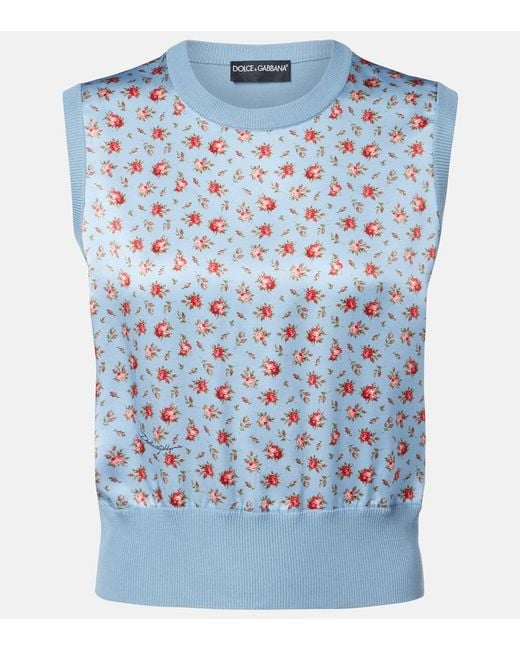 Dolce & Gabbana Blue Floral Silk Sweater Vest
