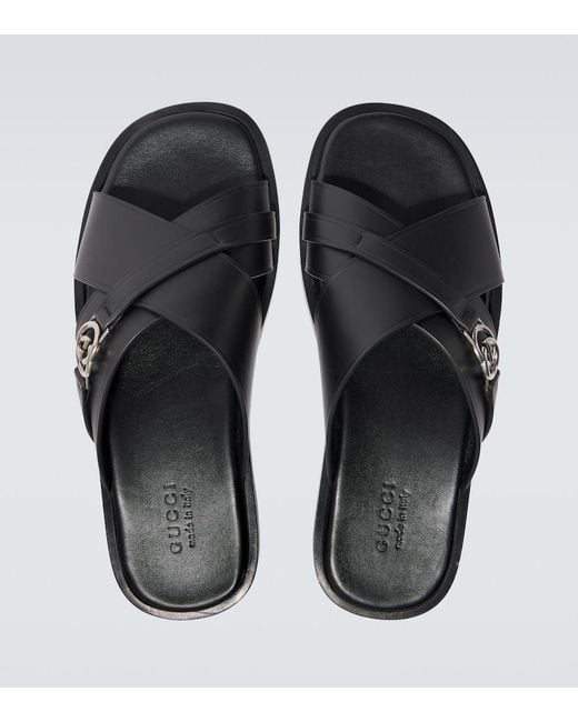 Gucci Black Leather Slides for men