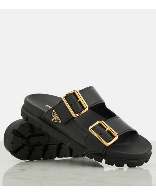 Prada Black Logo Leather Sandals