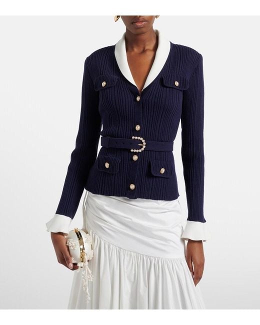 Self-Portrait Blue Belted Ribbed-Knit Cardigan