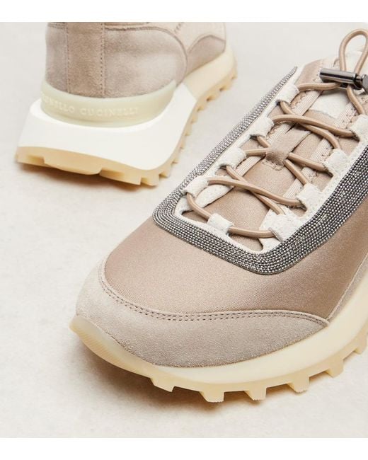 Brunello Cucinelli White Sneakers Runner Aus Veloursleder Und Canvas