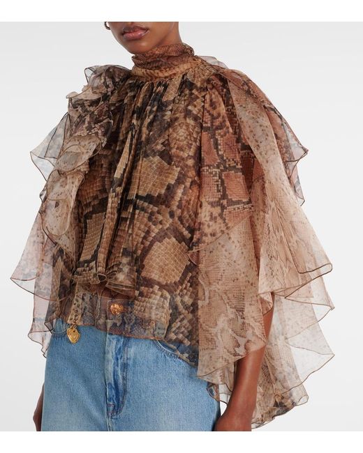 Zimmermann Brown Memento Ruffled Silk Blouse