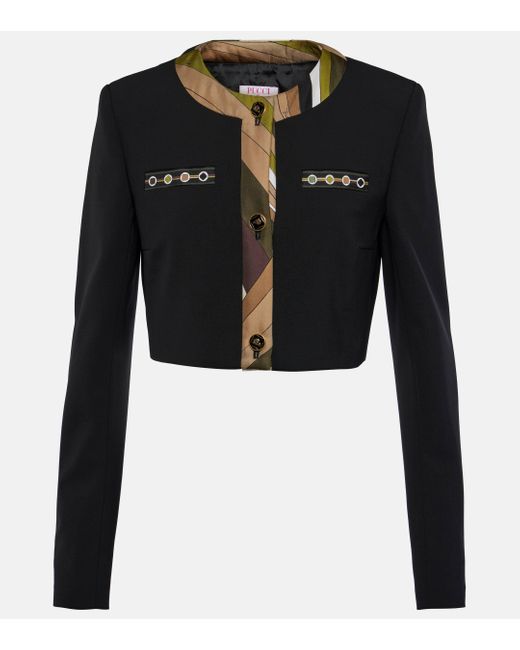 Emilio Pucci Black Vivara-printed Cropped Wool-blend Jacket