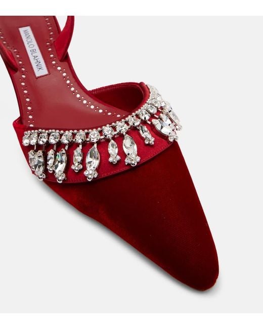Manolo Blahnik Red Bequila 30 Embellished Velvet Slingback Pumps