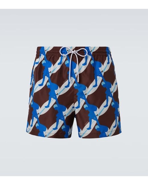 Gucci Blue Printed Poplin Swim Trunks for men
