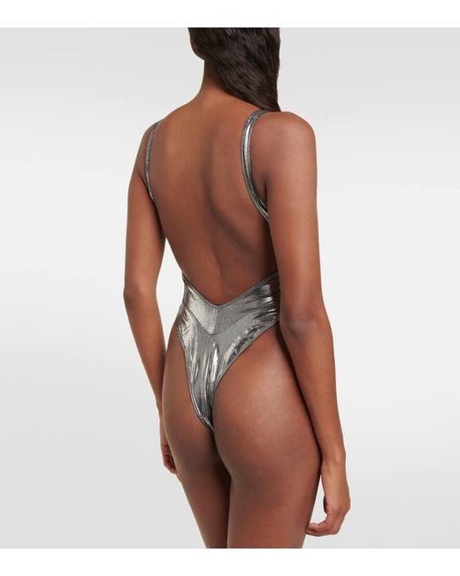 Mugler Gray Cutout Metallic Swimsuit
