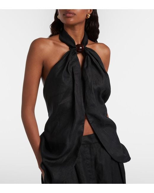 Faithfull The Brand Black Biba Embellished Halterneck Linen Top