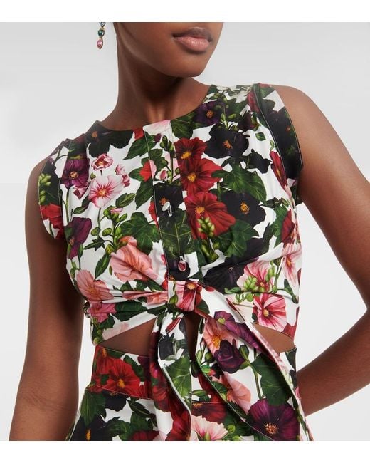 Oscar de la Renta Red Floral Cotton-Blend Midi Dress