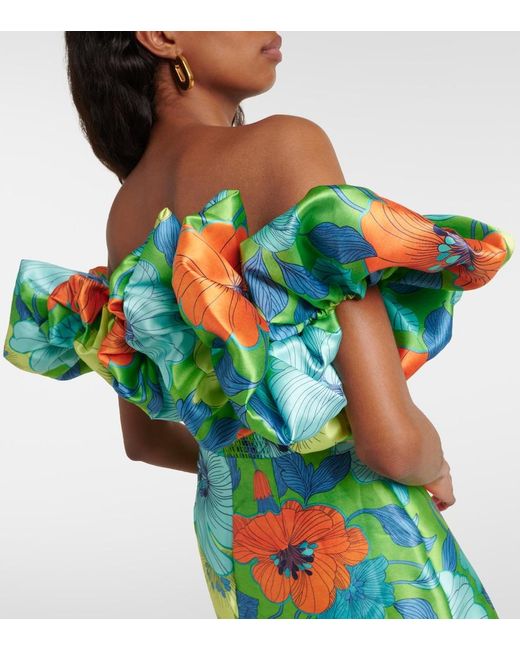 ALÉMAIS Green Floral Ruffled Satin Midi Dress
