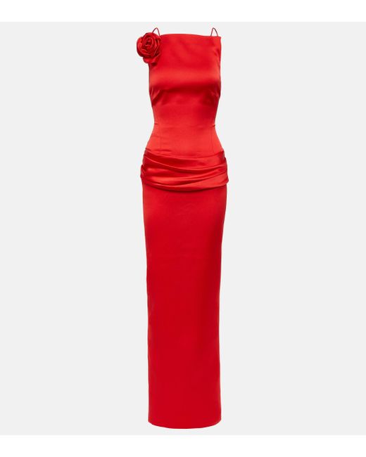 Rasario Red Floral-applique Open-back Satin Gown
